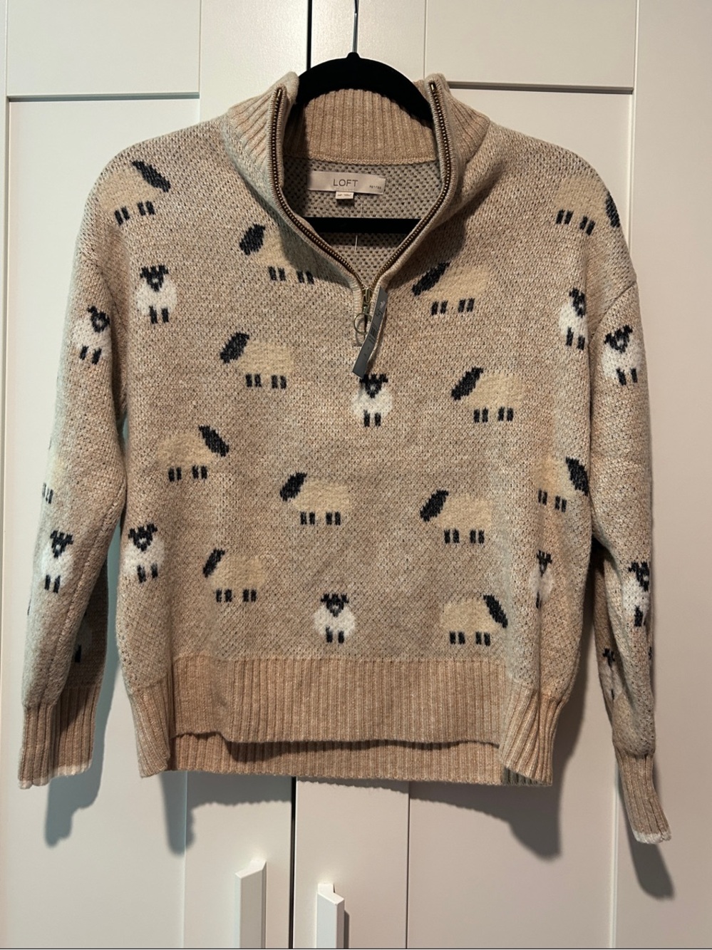 LOFT Beige Zip-Neck Sweater with Black & White Sheep Pattern